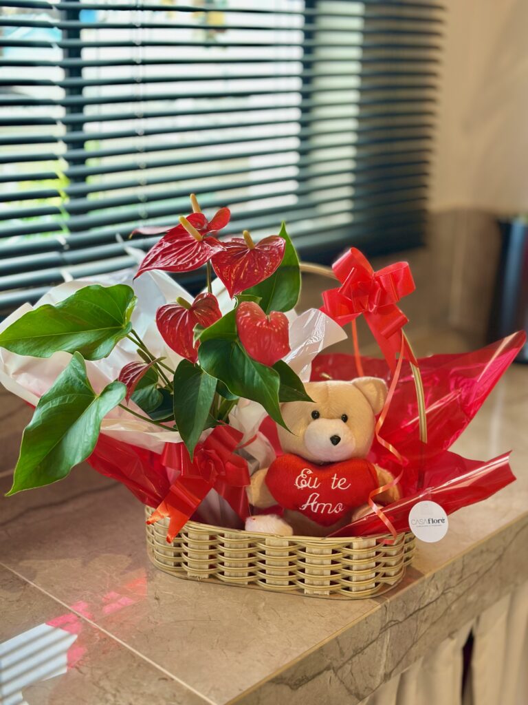 Cesta G + antúrio G + urso de pelúcia