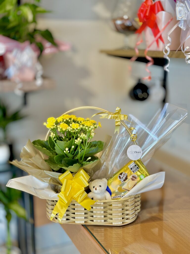 Cesta M + kalanchoe amarelo + barra de chocolate + ursinho