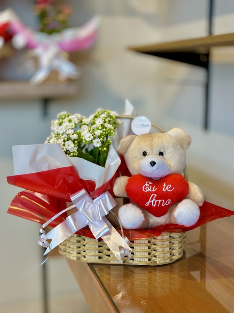 Cesta M + kalanchoe branca + urso grande