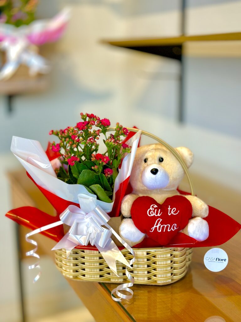 Cesta M + kalanchoe vermelha + urso grande