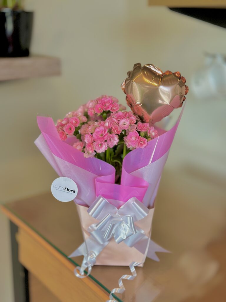 Kalanchoe rosa clara na caixinha + balão coração rose gold